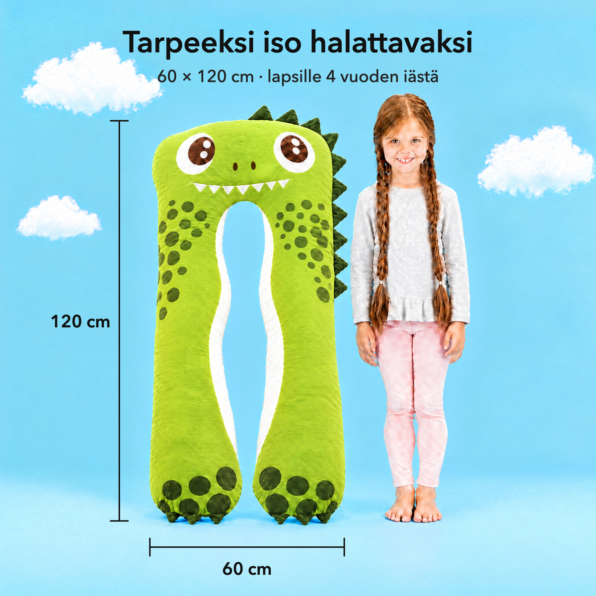 Dino – Rozmiar 60 × 120 cm w porównaniu z dzieckiem