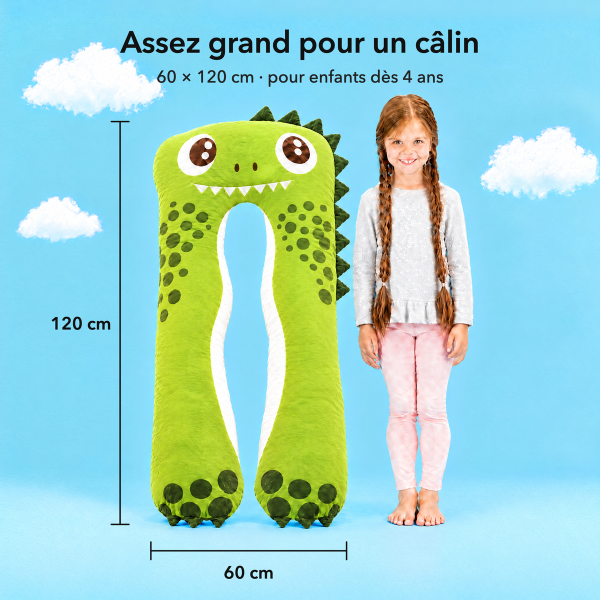 Dino – Rozmiar 60 × 120 cm w porównaniu z dzieckiem