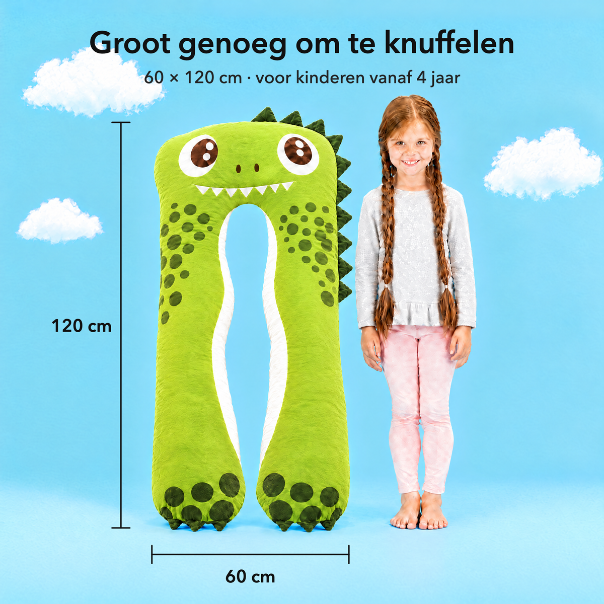 Dino – Rozmiar 60 × 120 cm w porównaniu z dzieckiem