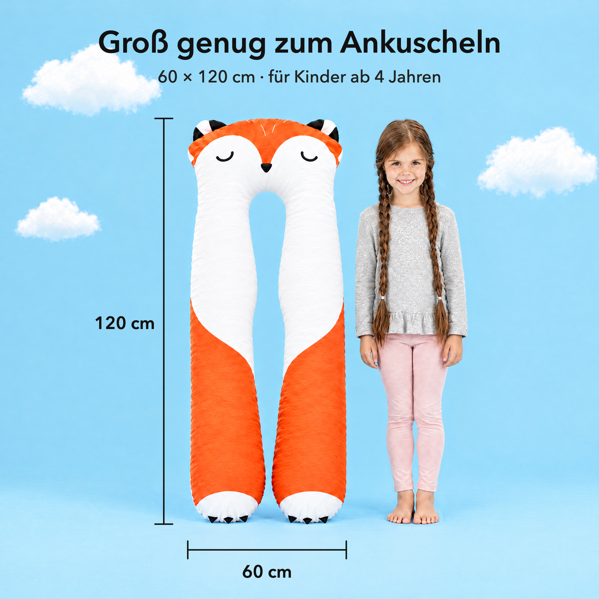 Fuchs – Rozmiar 60 × 120 cm w porównaniu z dzieckiem
