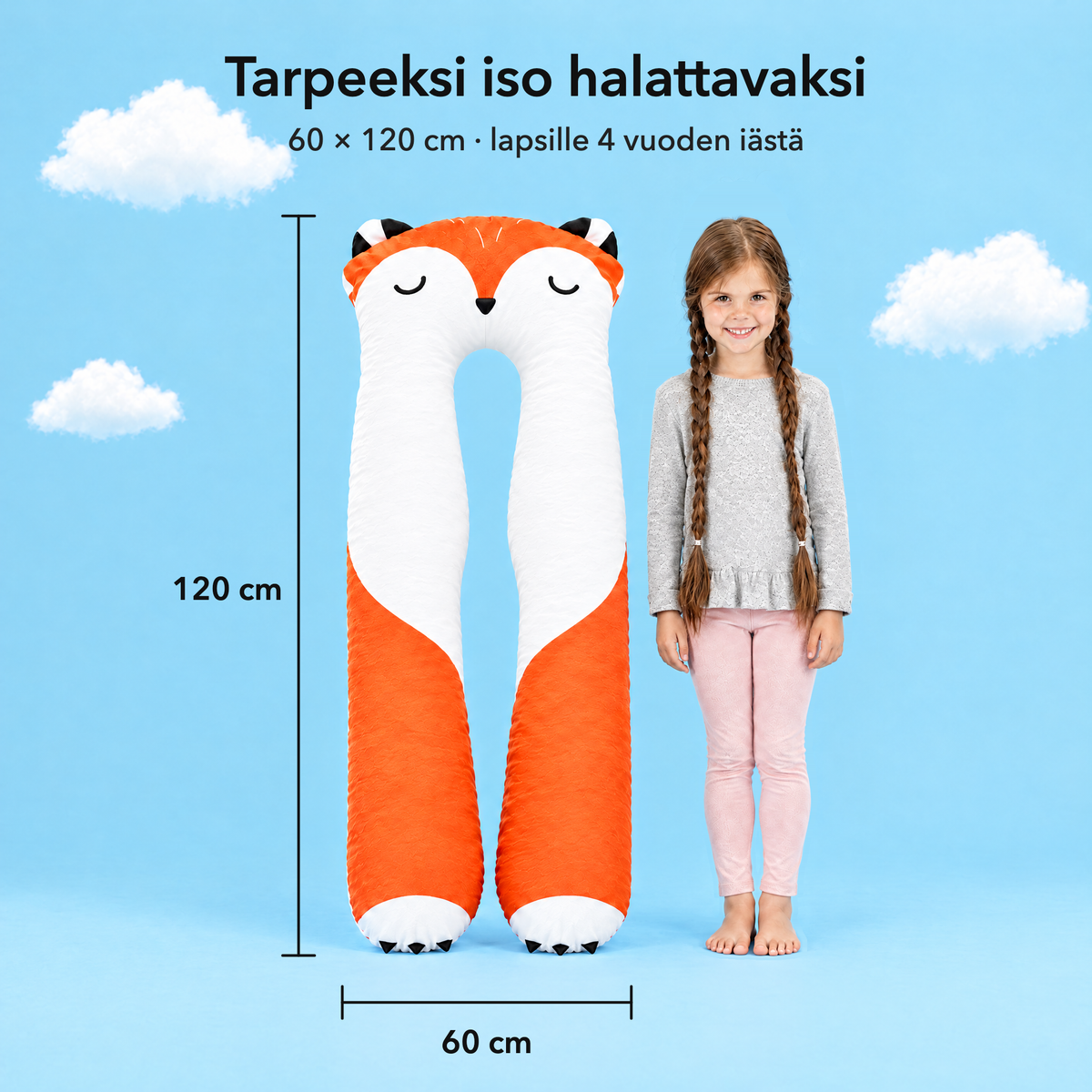 Fuchs – Rozmiar 60 × 120 cm w porównaniu z dzieckiem