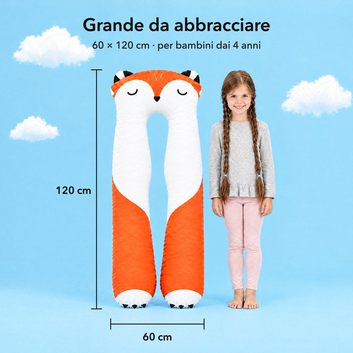 Fuchs – Rozmiar 60 × 120 cm w porównaniu z dzieckiem
