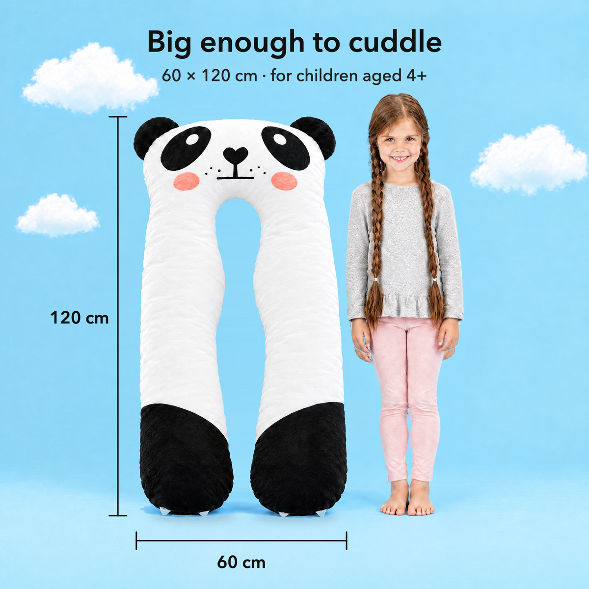 Panda – Rozmiar 60 × 120 cm w porównaniu z dzieckiem