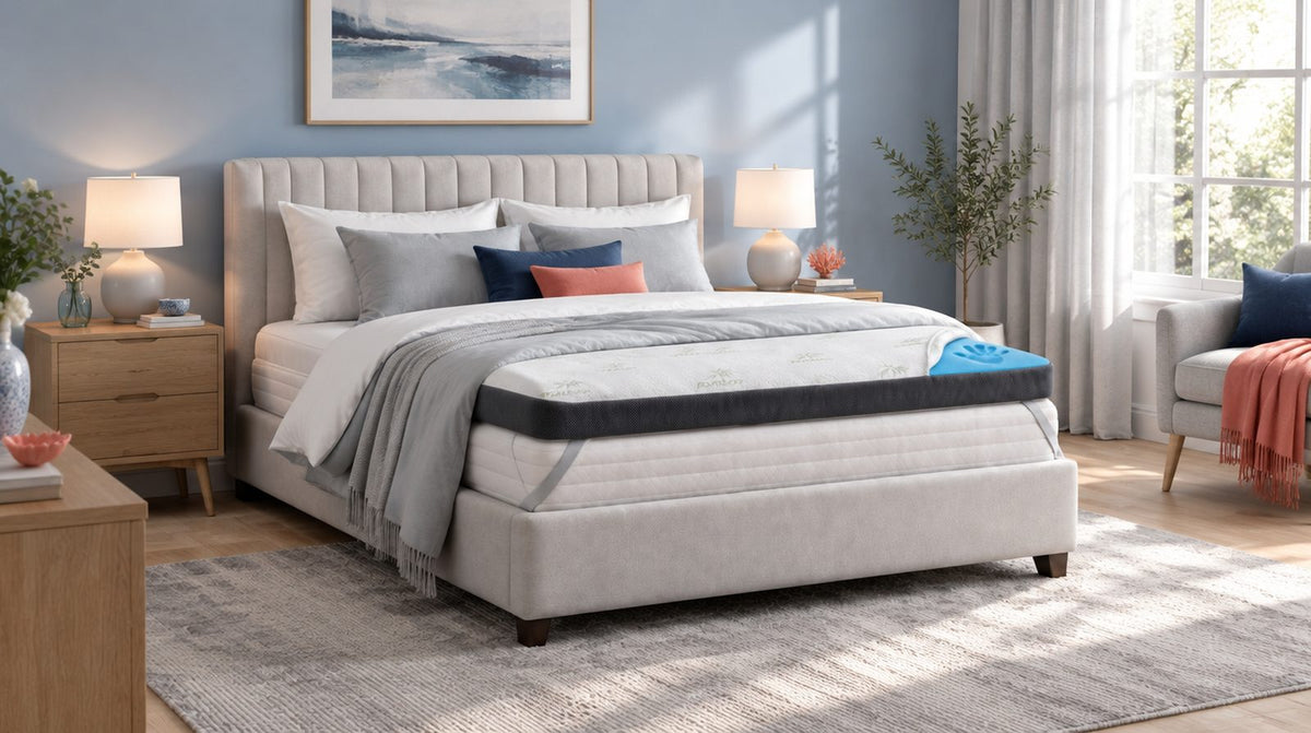 Boxspringbett mit gepolstertem Kopfteil und aufgelegtem Topper in einem gemütlichen Schlafzimmer